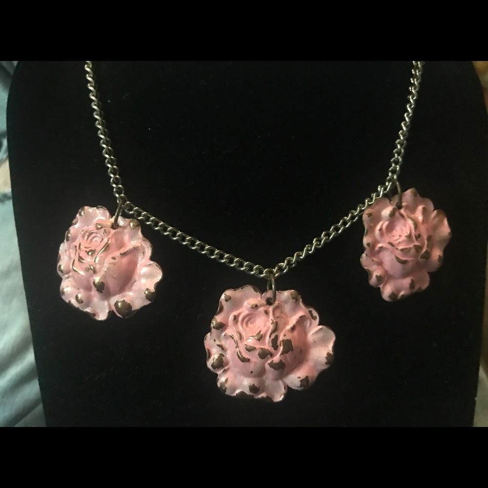 Pink Rose Metal "Antiqued" Necklace